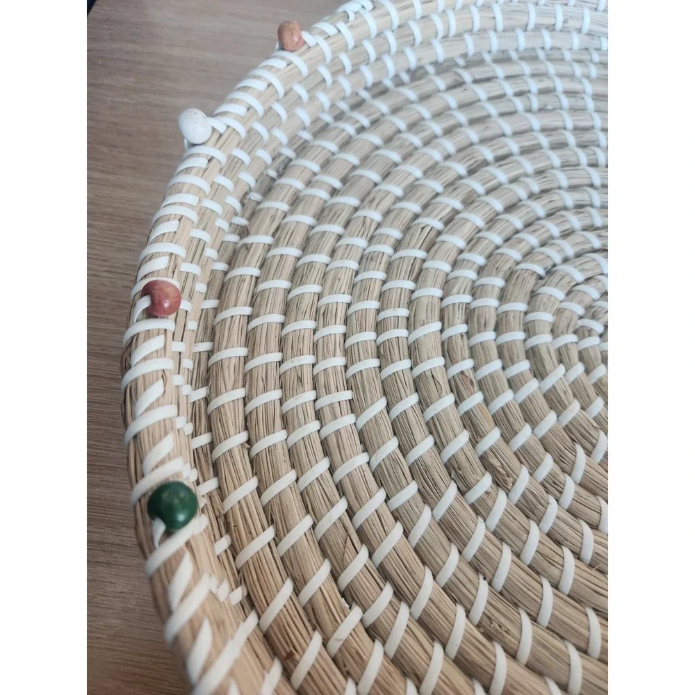 Vintage Hand Woven Round Coil Serving Tray Beaded Edge Basket‎ Made In Vietnam